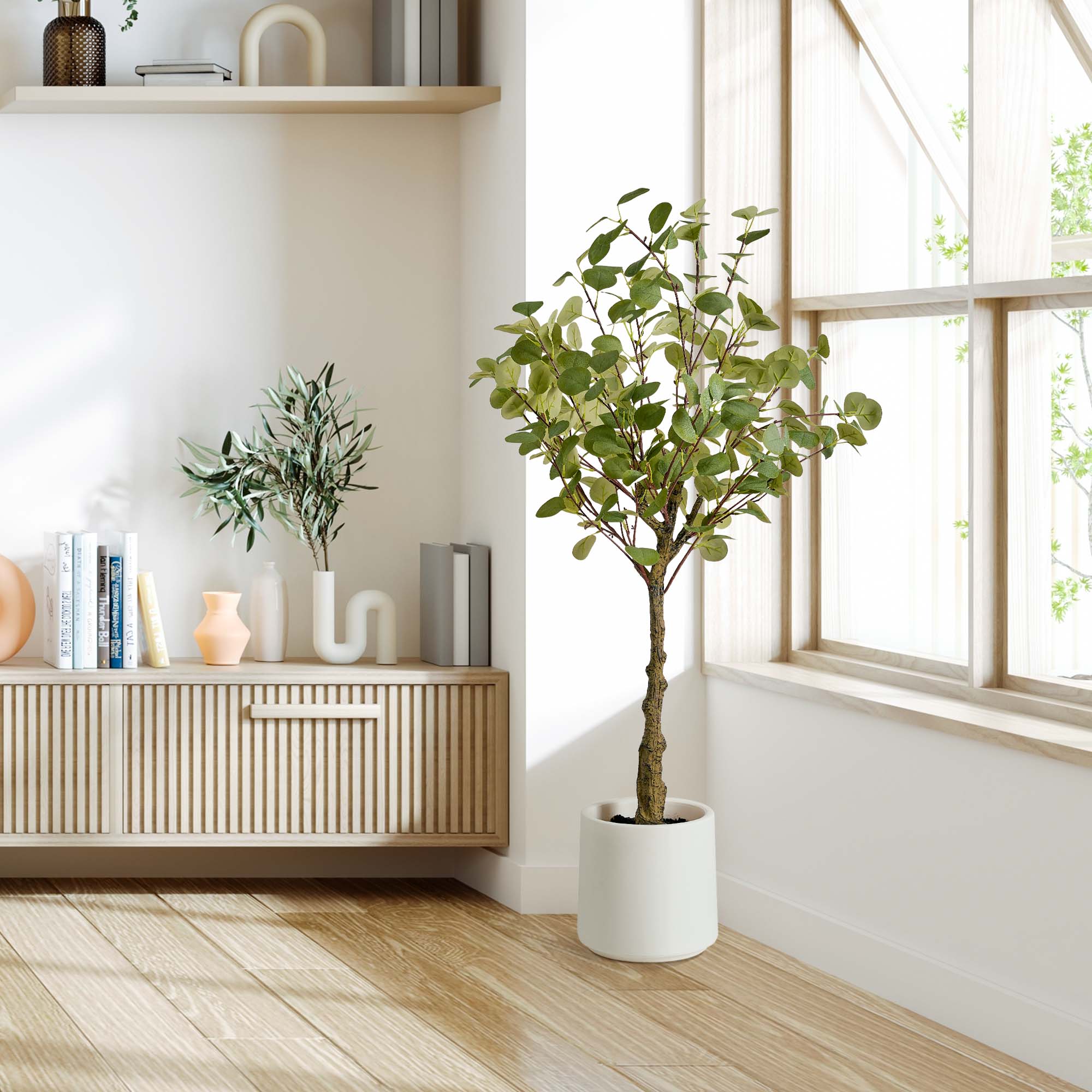 faux eucalyptus plant in pot American Art Decor Realistic Artificial Eucalyptus Tree in a White Pot Faux Plant for Home Decor, Indoor Living Room, or Office, 48"