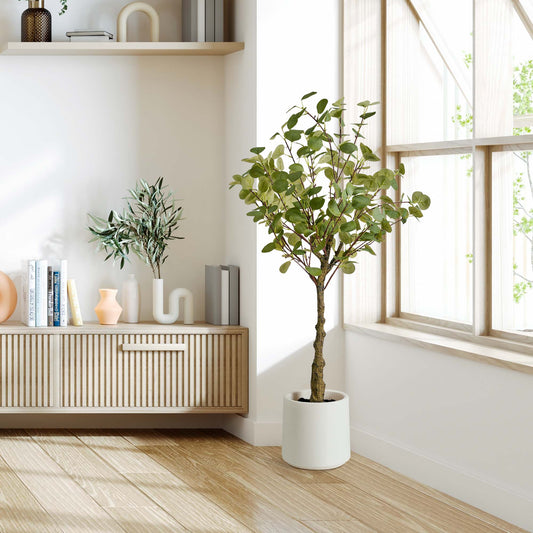 Realistic Artificial Eucalyptus Tree in a White Pot Faux Plant for Indoor Living Room or Office - 48"