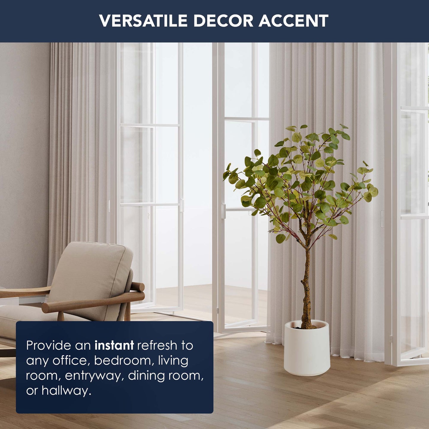 Realistic Artificial Eucalyptus Tree in a White Pot Faux Plant for Indoor Living Room or Office - 48"
