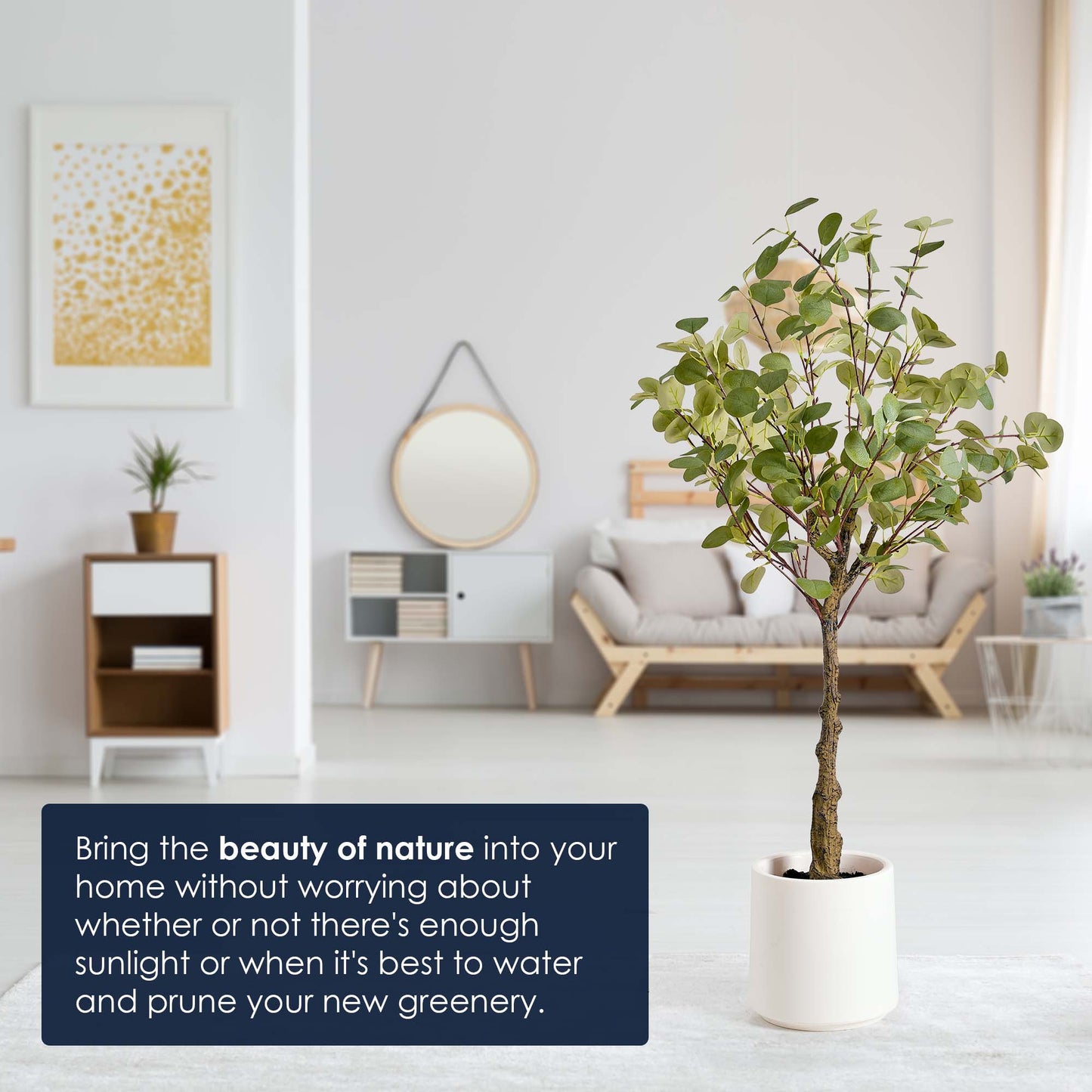 Realistic Artificial Eucalyptus Tree in a White Pot Faux Plant for Indoor Living Room or Office - 48"
