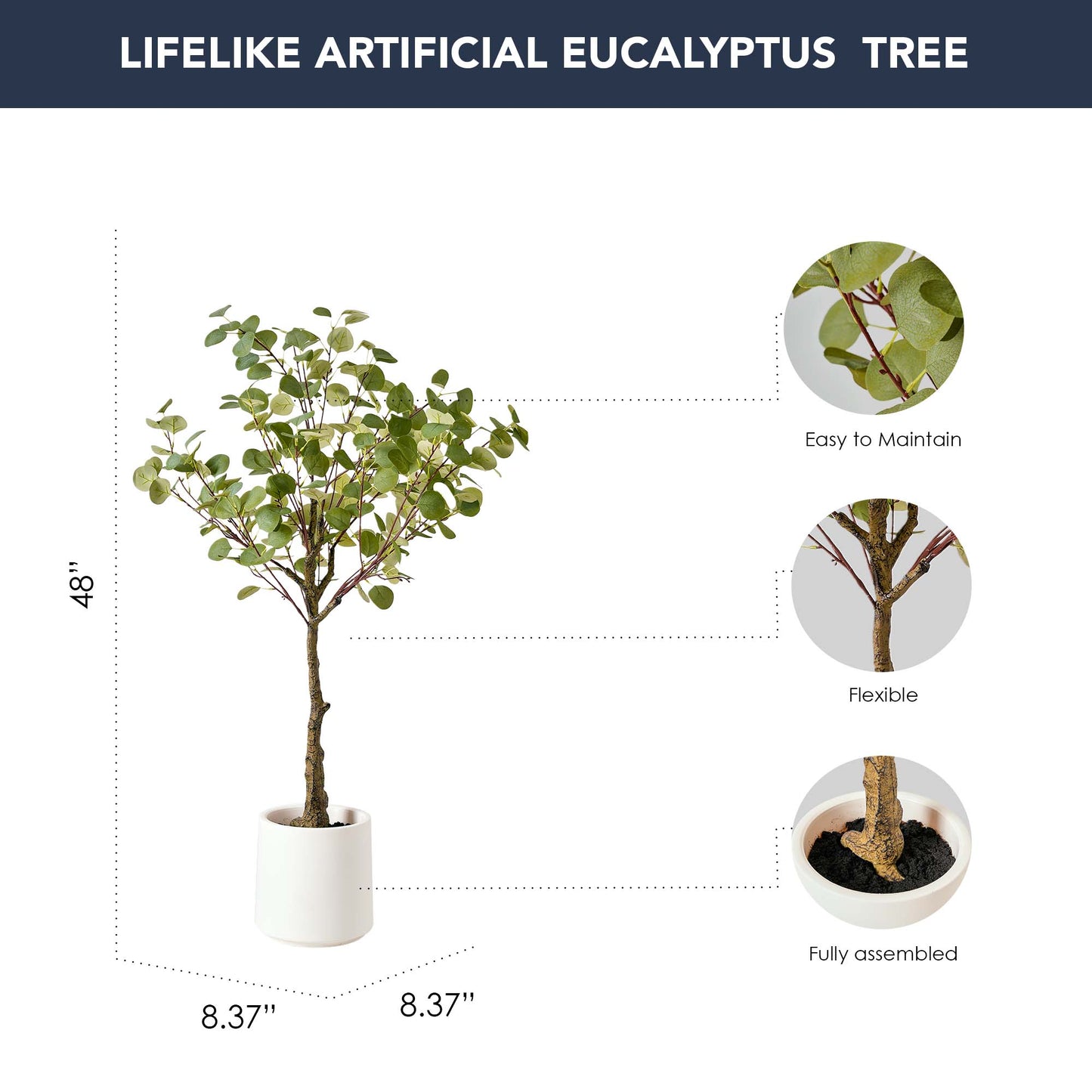 Realistic Artificial Eucalyptus Tree in a White Pot Faux Plant for Indoor Living Room or Office - 48"