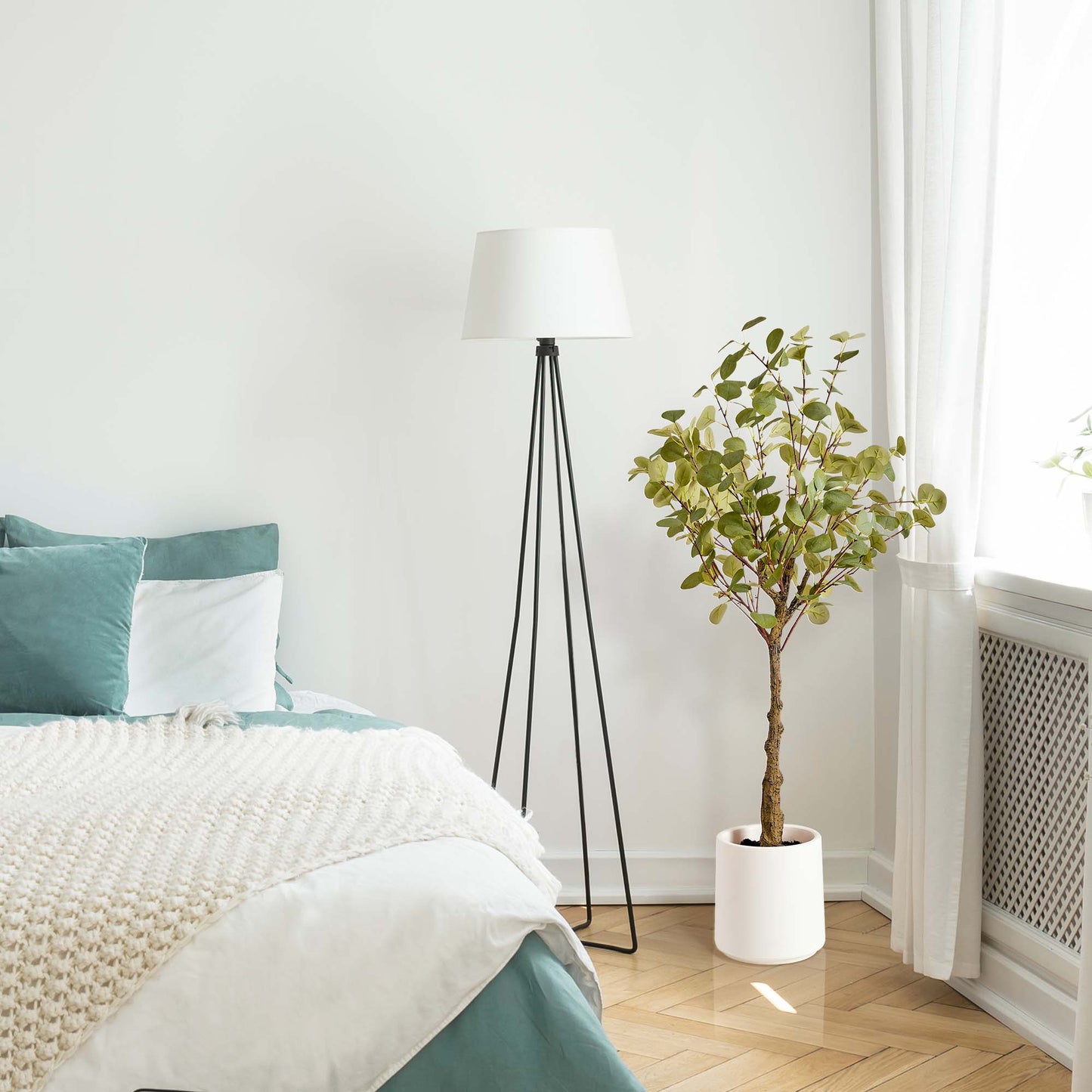 Realistic Artificial Eucalyptus Tree in a White Pot Faux Plant for Indoor Living Room or Office - 48"
