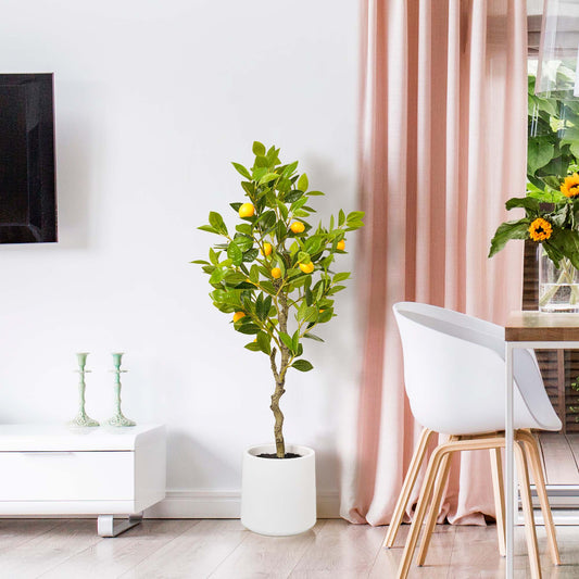 Realistic Artificial Lemon Tree Faux Plant in a White Pot for Indoor Living Room or Office - 60"