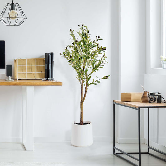 Realistic Artificial Olive Tree in a White Pot Faux Plant for Indoor Living Room or Office - 48"