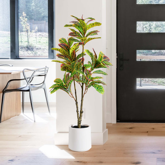 Realistic Artificial Croton Tree in a White Pot Faux Plant for Indoor Living Room or Office - 48"