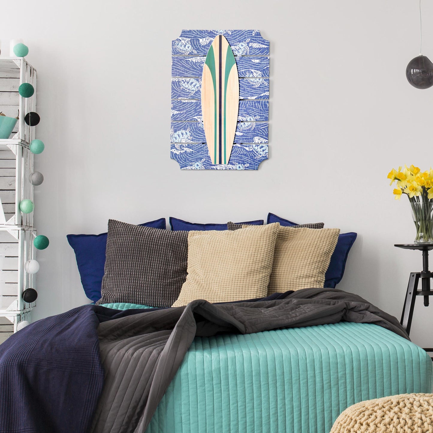 Kona Coast by Reyn Spooner HONU 'AUKAI Horizon Blue Surfboard on Plank Wall Art - 14" x 20"