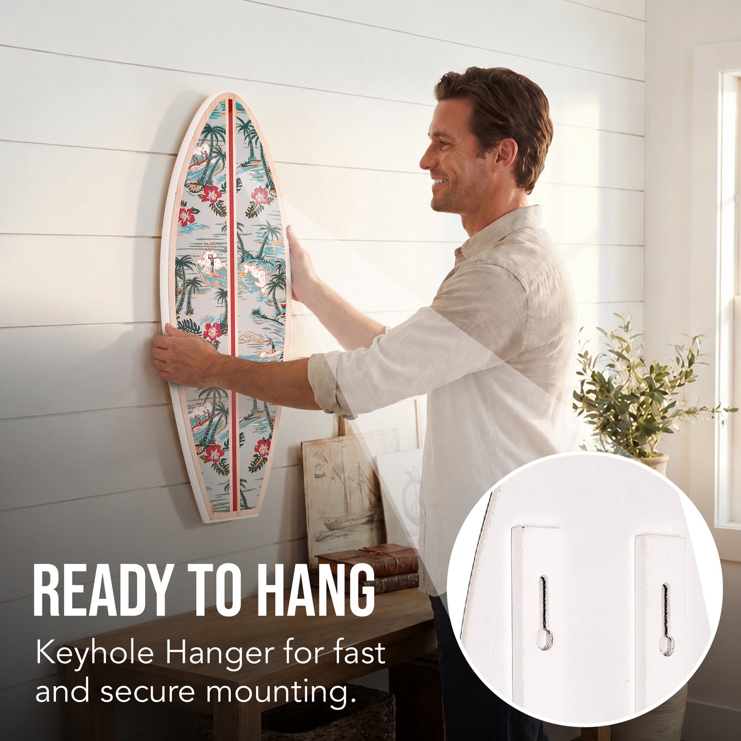 Vertical Kona Coast by Reyn Spooner surfboard wall plaque with seafoam blue tropical scenery, palm trees, hibiscus flowers, surfers, curling waves, a rose center stripe and a natural wood-look border.
