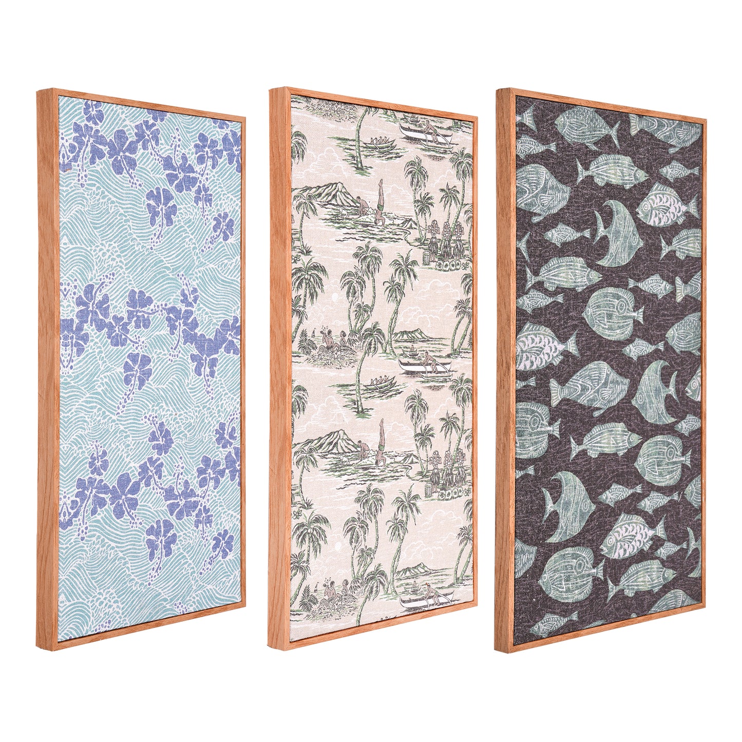 Kona Coast by Reyn Spooner Framed 50th State Waves, The Reef, Island Paradise, Printed Linen Wall Art Set of 3