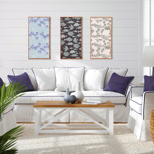 Kona Coast by Reyn Spooner Framed 50th State Waves, The Reef, Island Paradise, Printed Linen Wall Art Set of 3