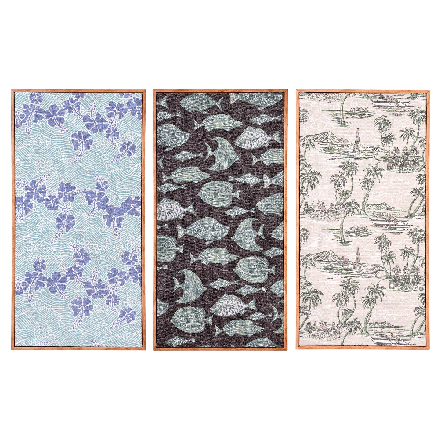 Kona Coast by Reyn Spooner Framed 50th State Waves, The Reef, Island Paradise, Printed Linen Wall Art Set of 3