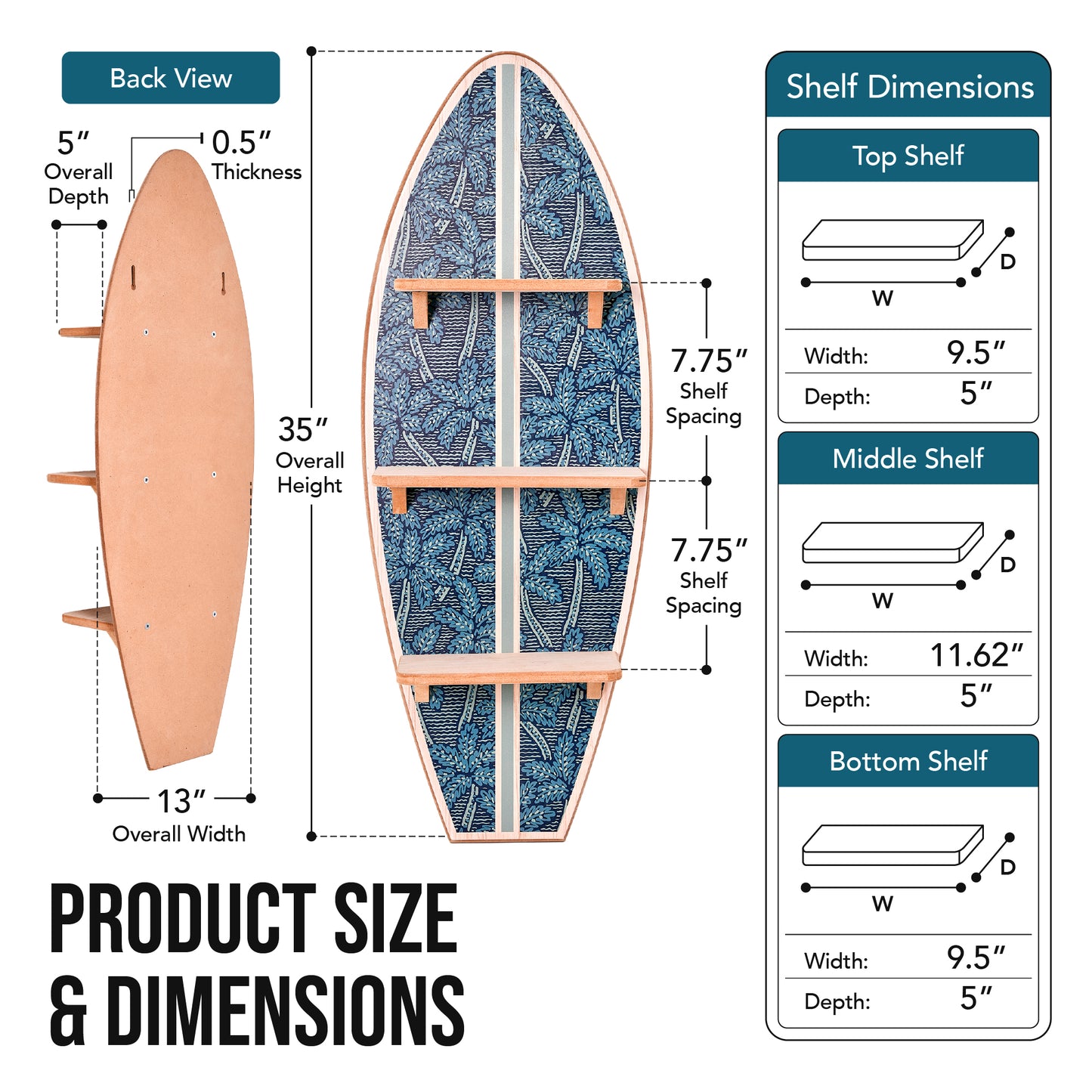 Officially licensed Reyn Spooner Kona Coast Electric Palms navy surfboard wall shelf featuring three natural wood display shelves and Hawaiian botanical artwork for coastal and beach house décor.