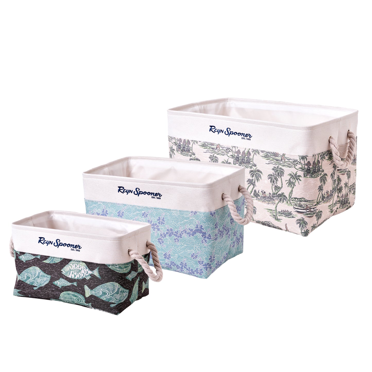 Kona Coast by Reyn Spooner 50th State Waves, The Reef, Island Paradise, Printed Fabric Basket Set of 3