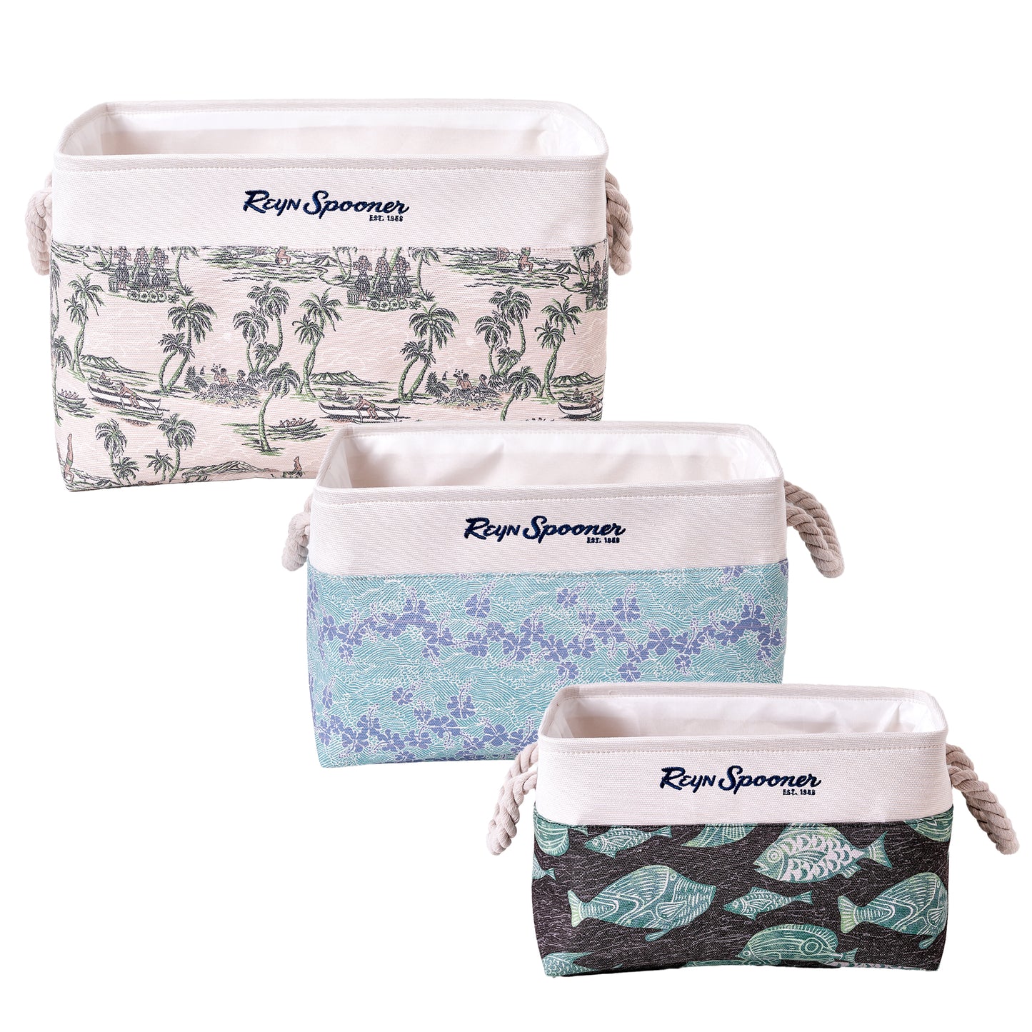 Kona Coast by Reyn Spooner 50th State Waves, The Reef, Island Paradise, Printed Fabric Basket Set of 3