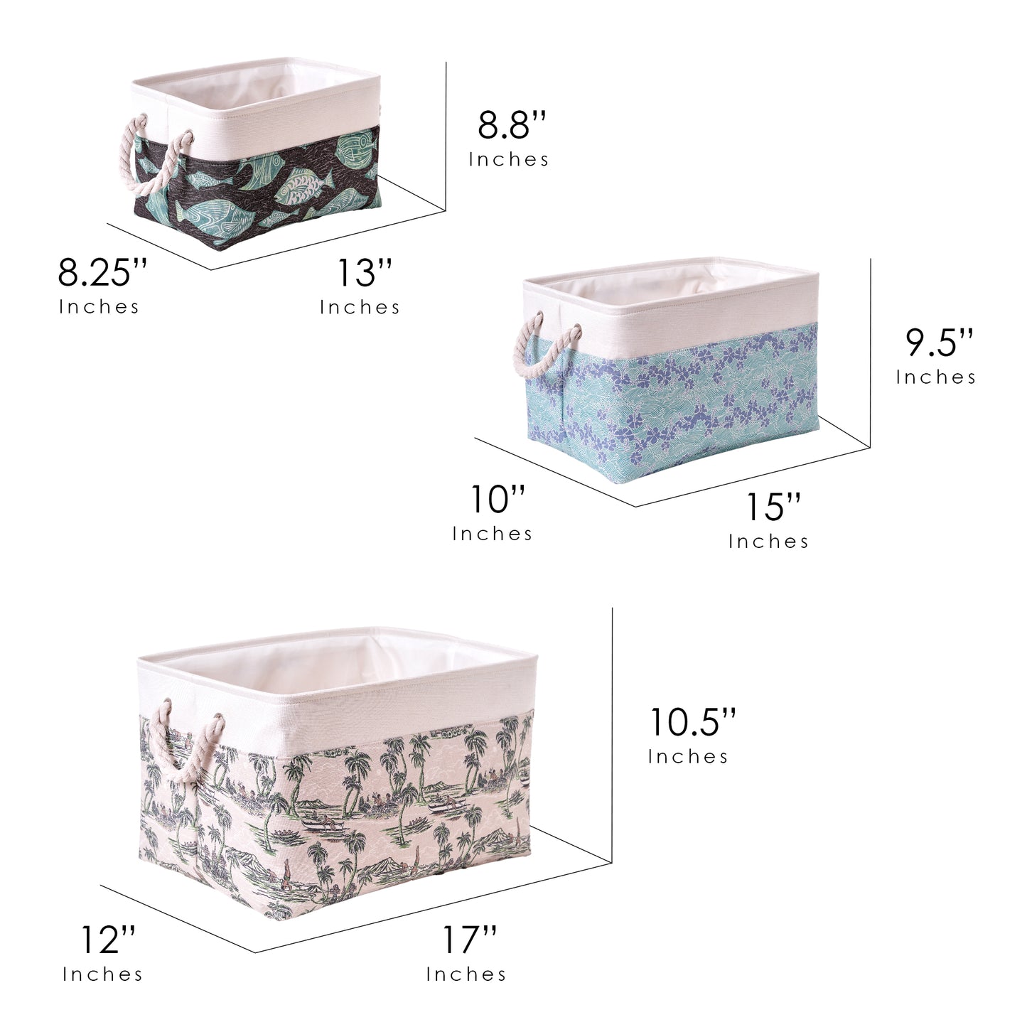 Kona Coast by Reyn Spooner 50th State Waves, The Reef, Island Paradise, Printed Fabric Basket Set of 3