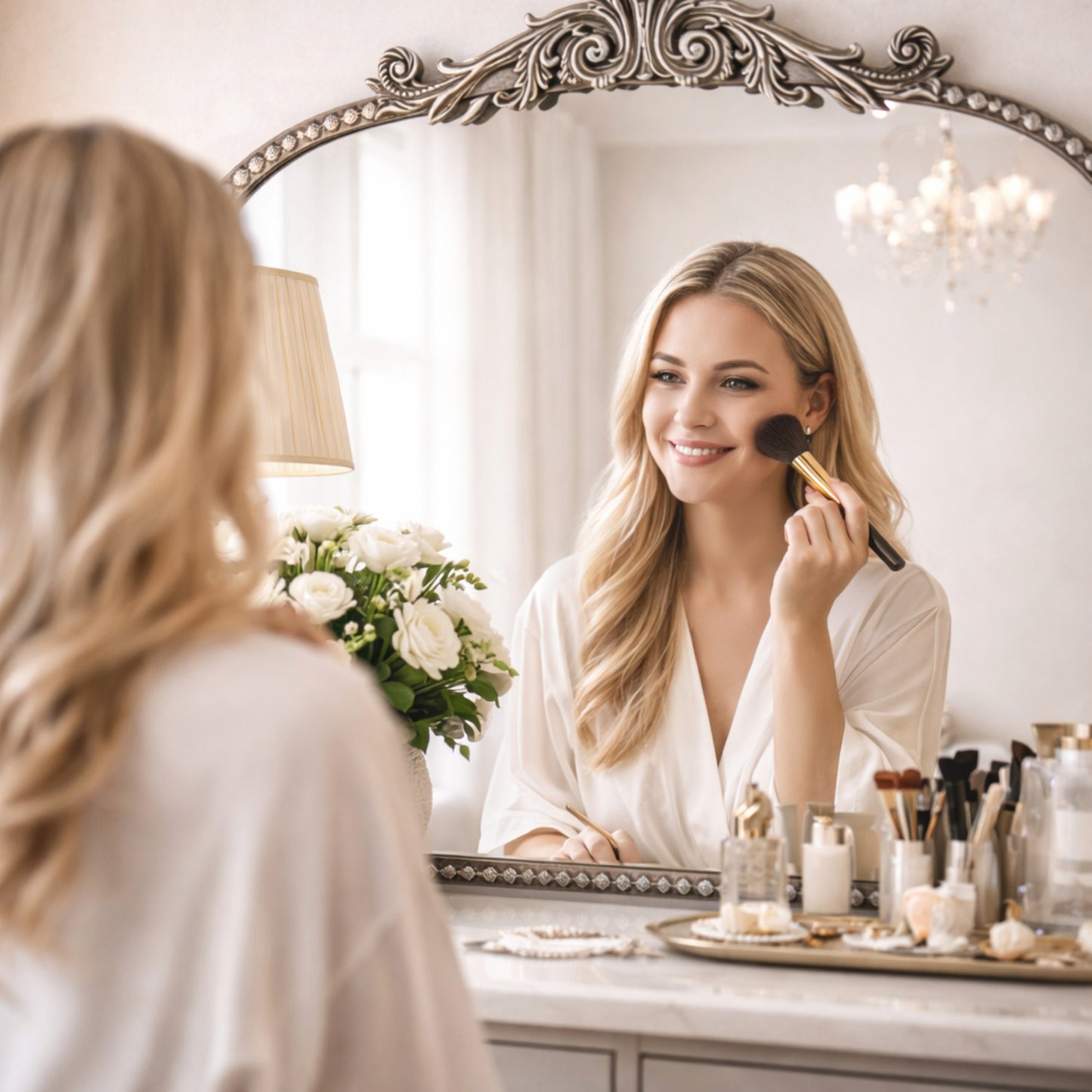 A 24 x 34 pewter arched wall mirror with antique silver filigree crest and beaded trim, displayed horizontally above a vanity or console in a polished neutral interior.