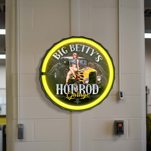 Big Betty's Hot Rod Garage Round Neon Rope Bar Sign - 12"