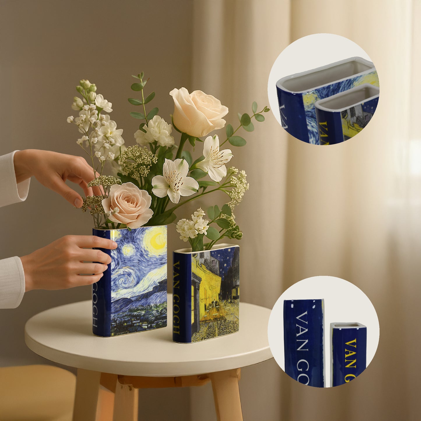 Van Gogh Ceramic Book Vase Set, Starry Night & Cafe Terrace Tabletop Decor
