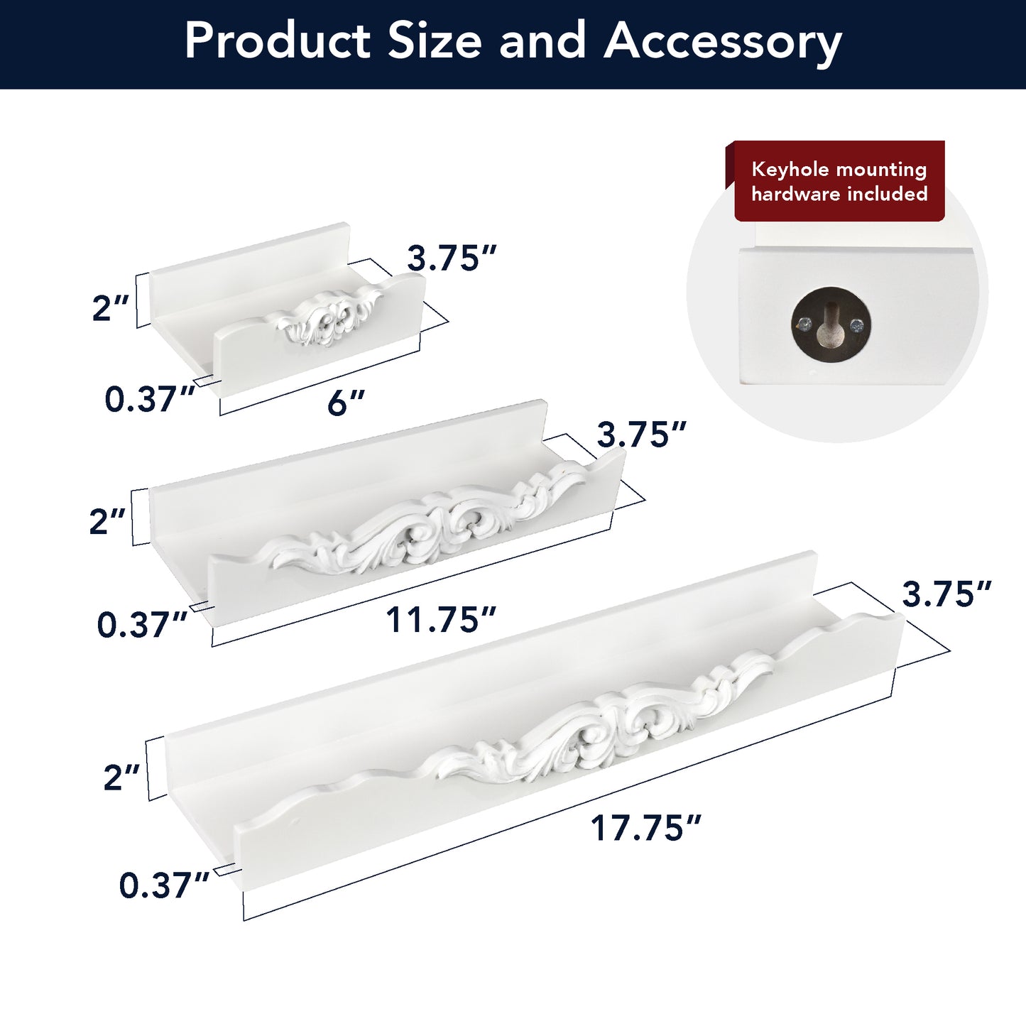 Vintage White Ornate 3-Piece Floating Wall Shelf Set