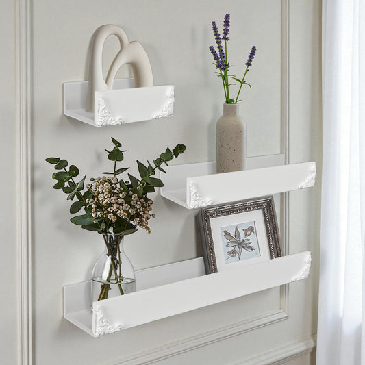 Vintage White Ornate Trim 3-Piece Floating Wall Shelf Set