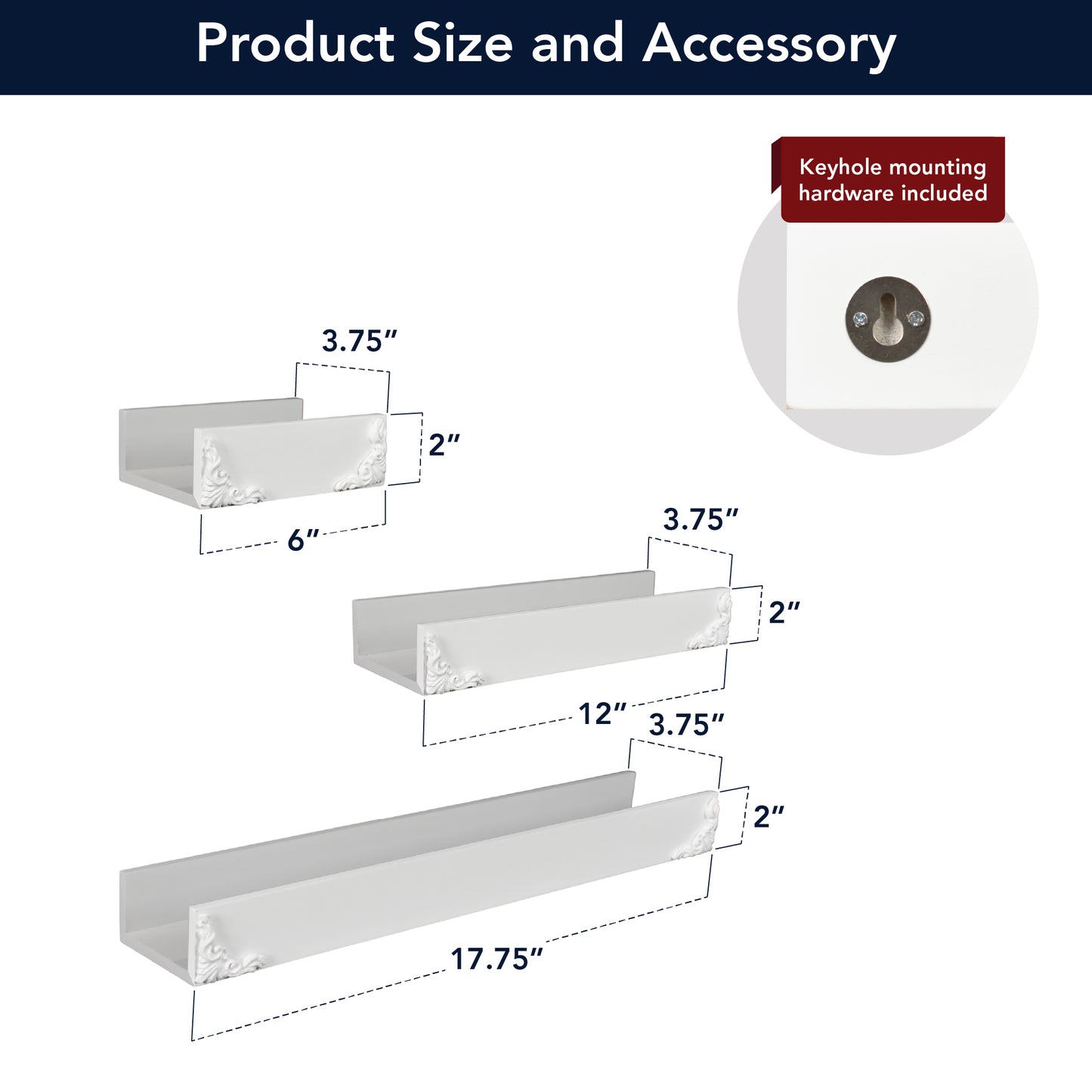 Vintage White Ornate Trim 3-Piece Floating Wall Shelf Set