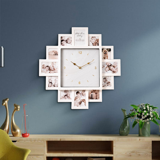 Picture Frame Collage Wall Clock 12 Photo Display Slots White, 20" x 20"