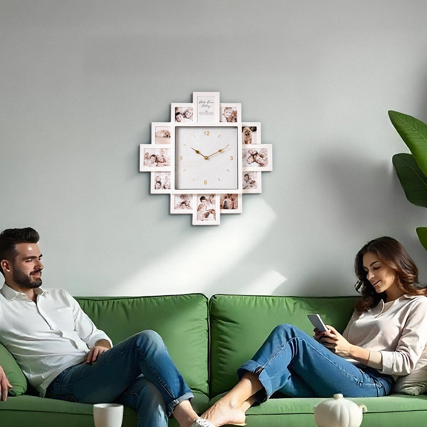 Picture Frame Collage Wall Clock 12 Photo Display Slots White, 20" x 20"