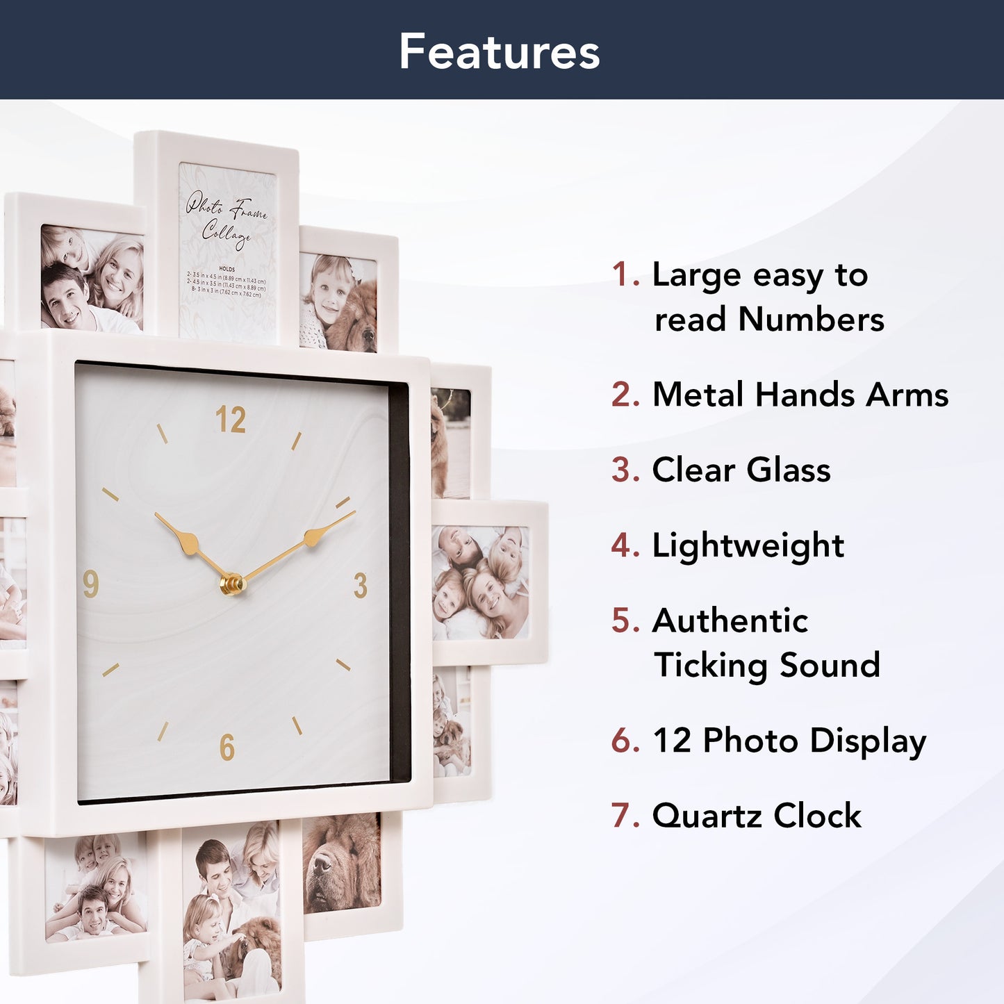 Picture Frame Collage Wall Clock 12 Photo Display Slots White, 20" x 20"