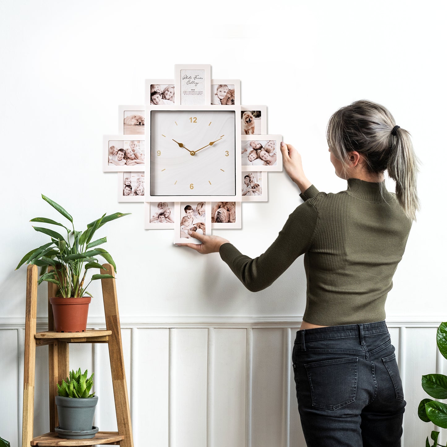 Picture Frame Collage Wall Clock 12 Photo Display Slots White, 20" x 20"