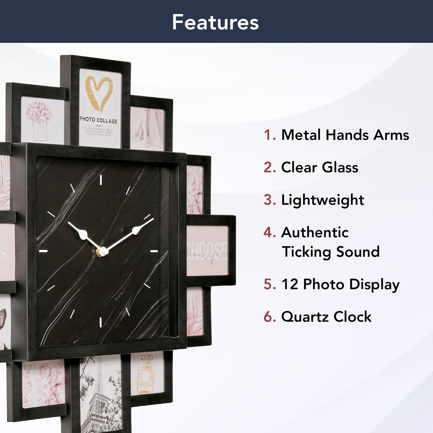 Picture Frame Collage Wall Clock 12 Photo Display Slots Black, 20" x 20"