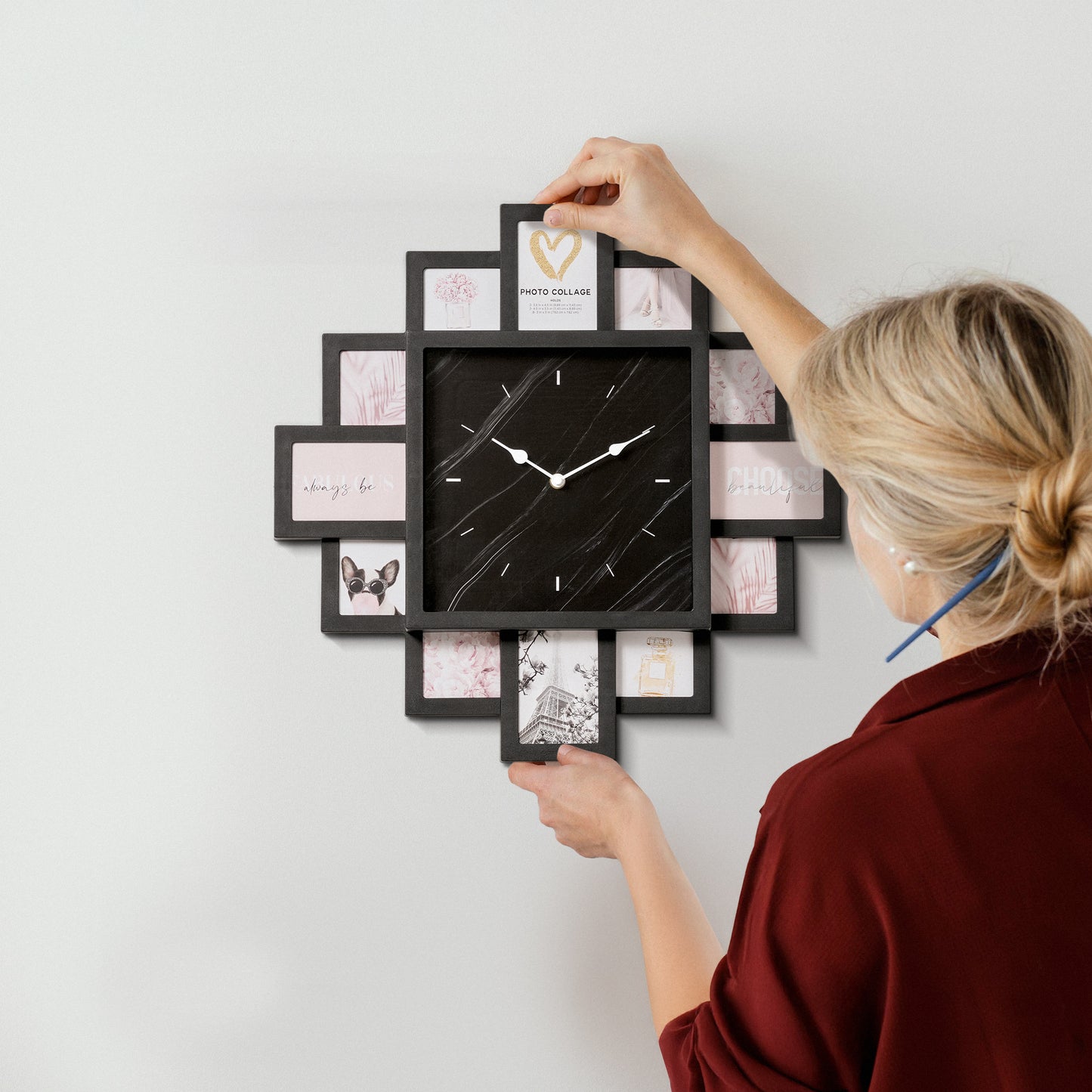 Picture Frame Collage Wall Clock 12 Photo Display Slots Black, 20" x 20"