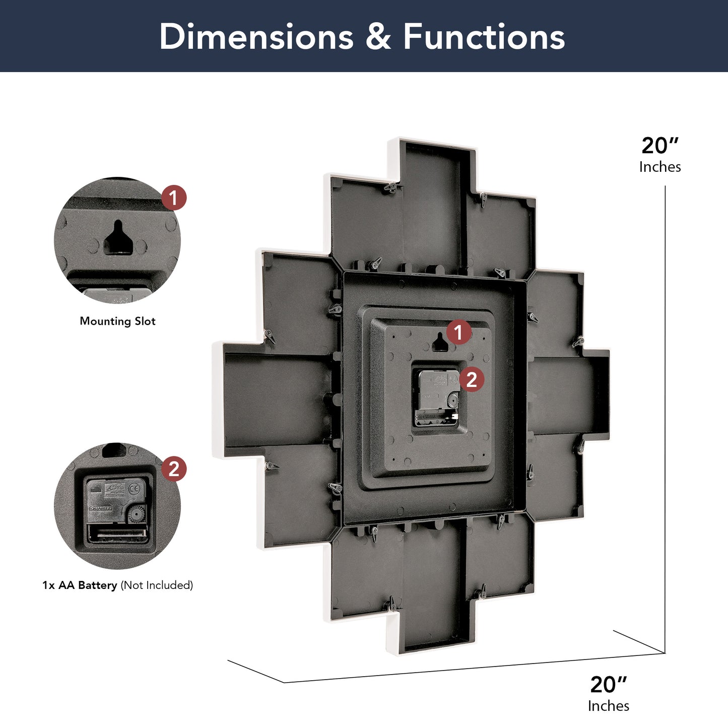 Picture Frame Collage Wall Clock 12 Photo Display Slots Black, 20" x 20"