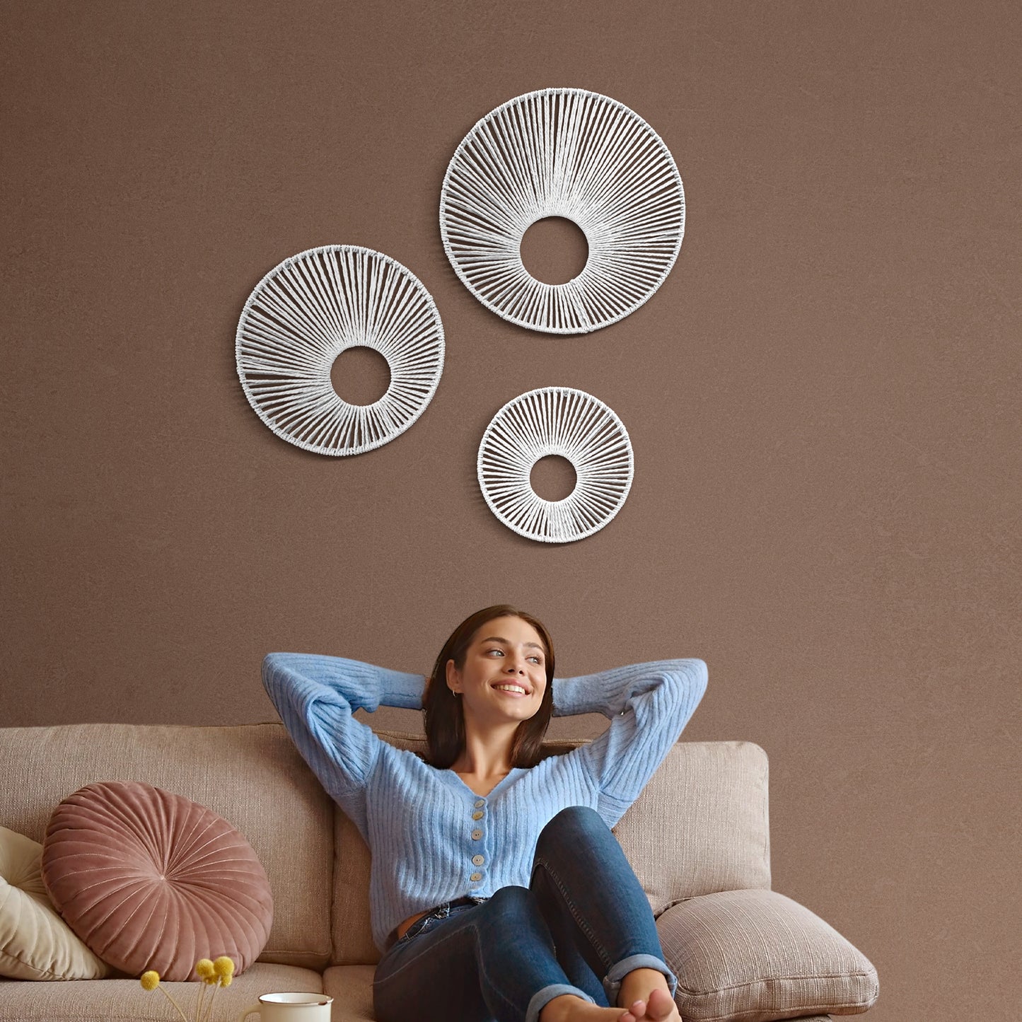 Round Paper Rope Wall Decor Set of 3 - White