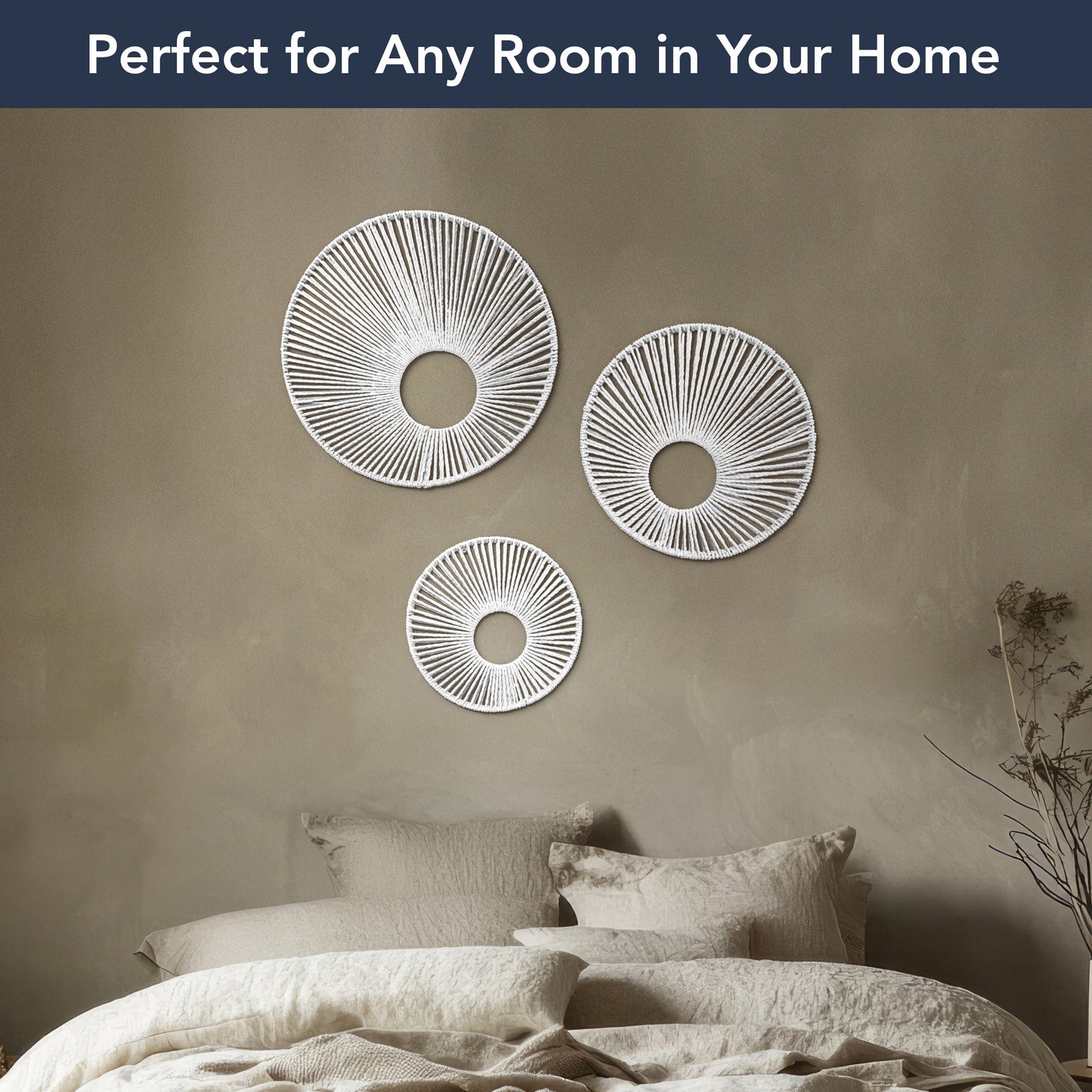Round Paper Rope Wall Decor Set of 3 - White