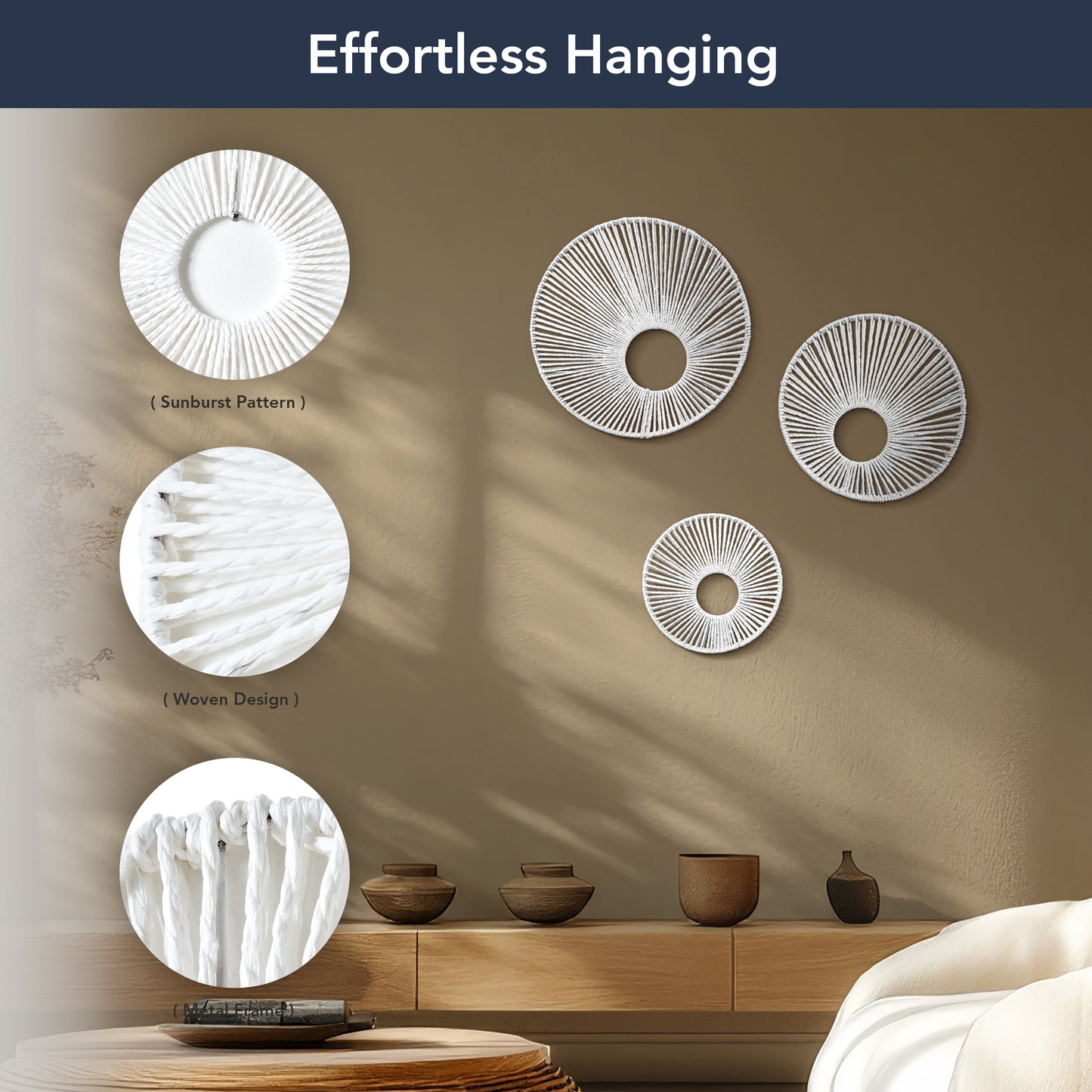 Round Paper Rope Wall Decor Set of 3 - White