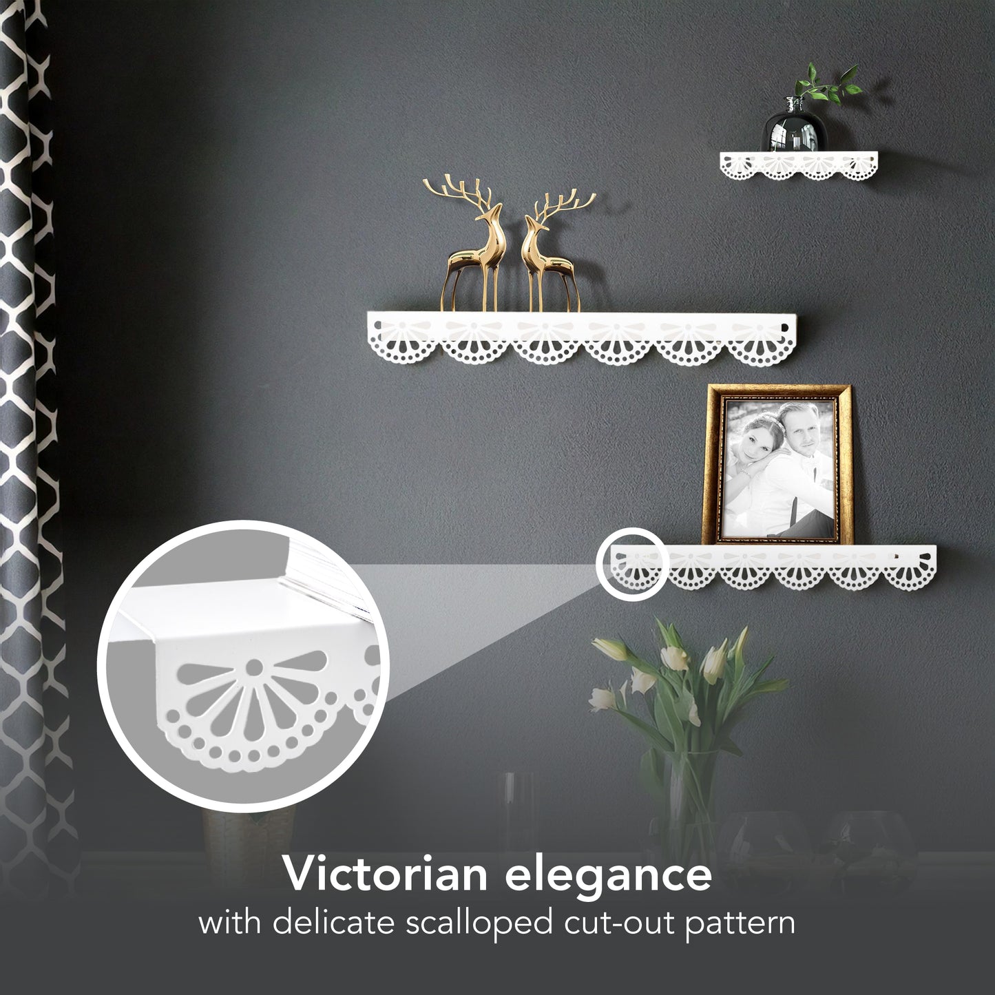 Scallop Metal Floating Shelves, 3pc Picture Ledge Set - White