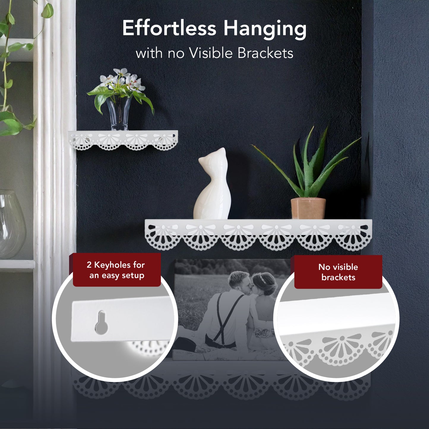 Scallop Metal Floating Shelves, 3pc Picture Ledge Set - White