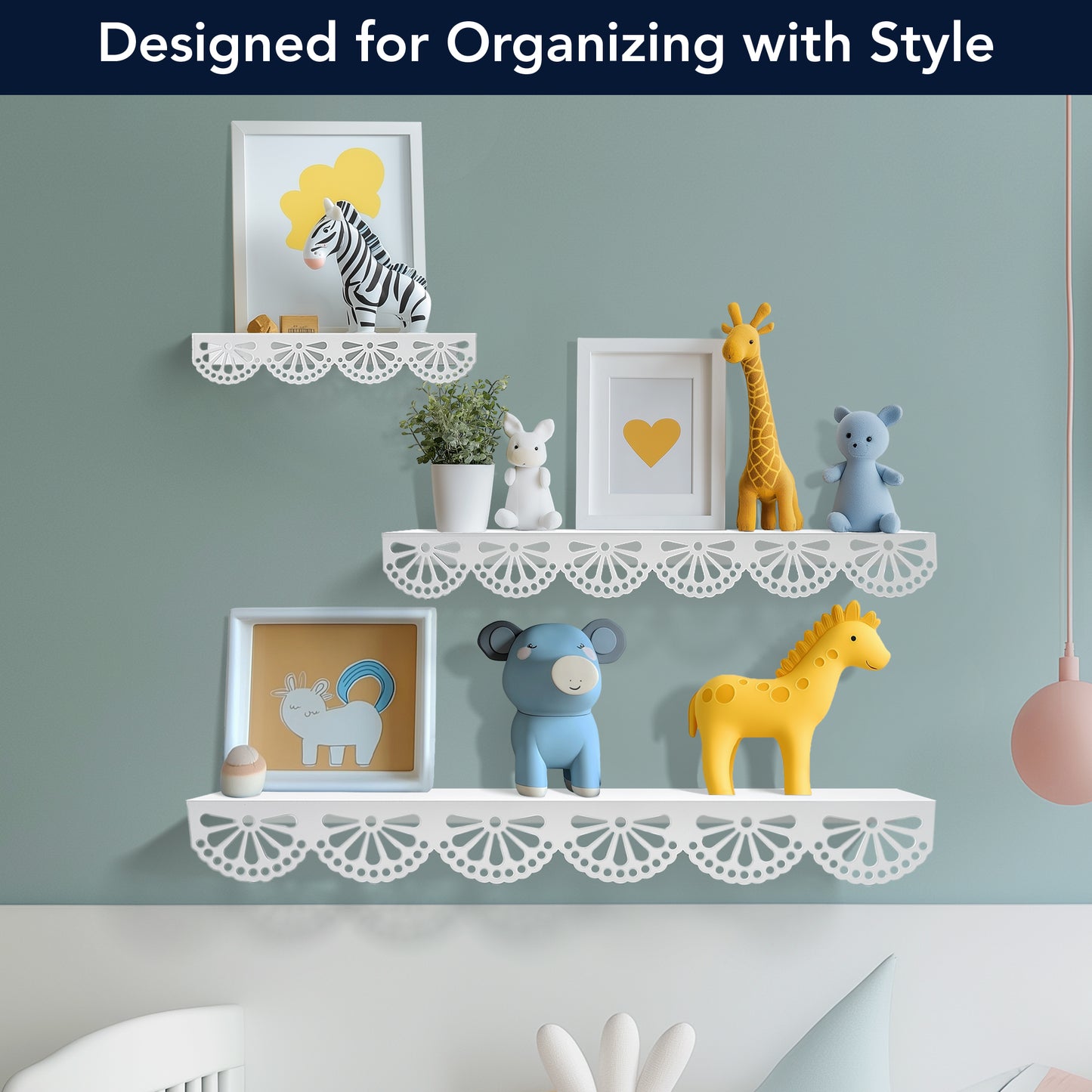 Scallop Metal Floating Shelves, 3pc Picture Ledge Set - White