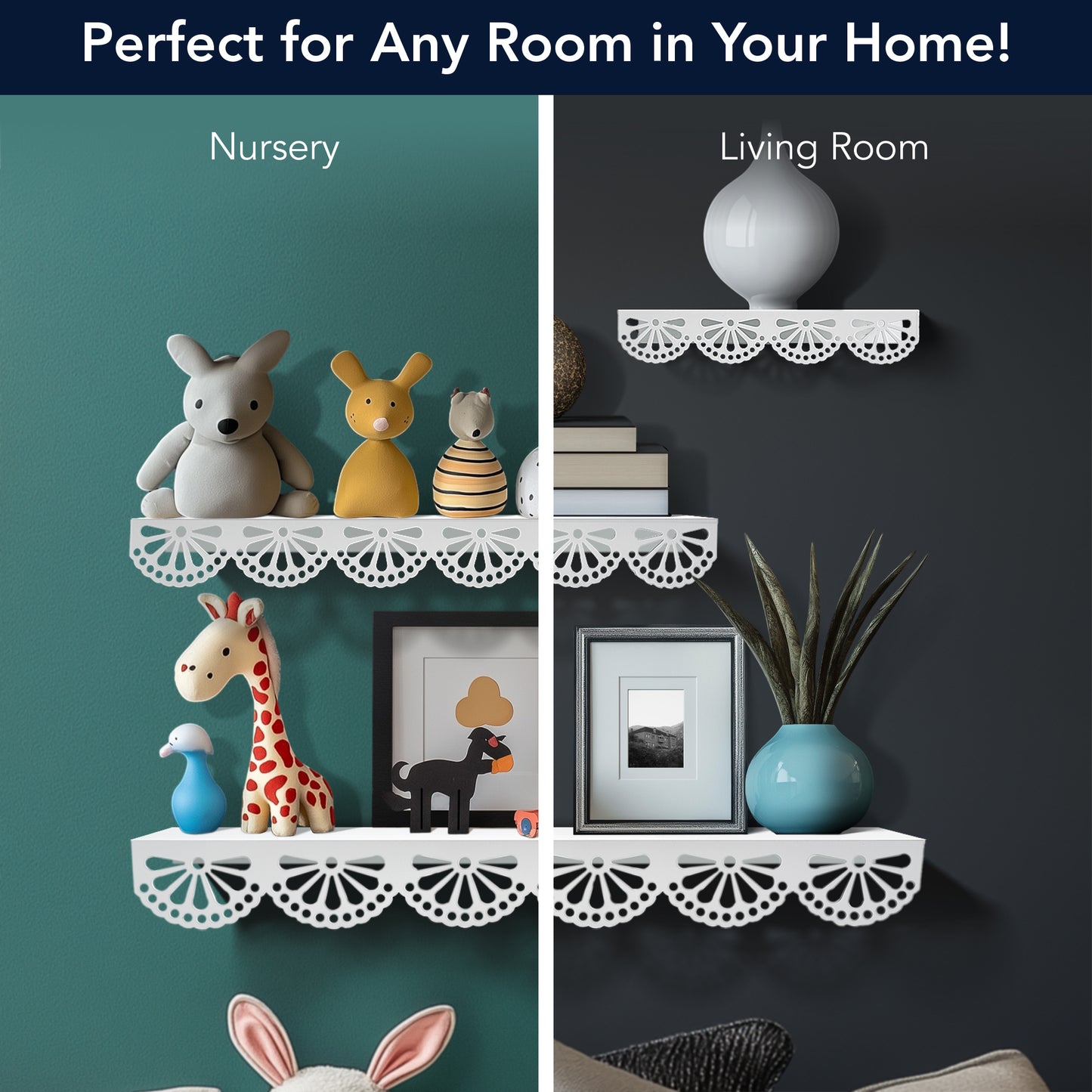 Scallop Metal Floating Shelves, 3pc Picture Ledge Set - White