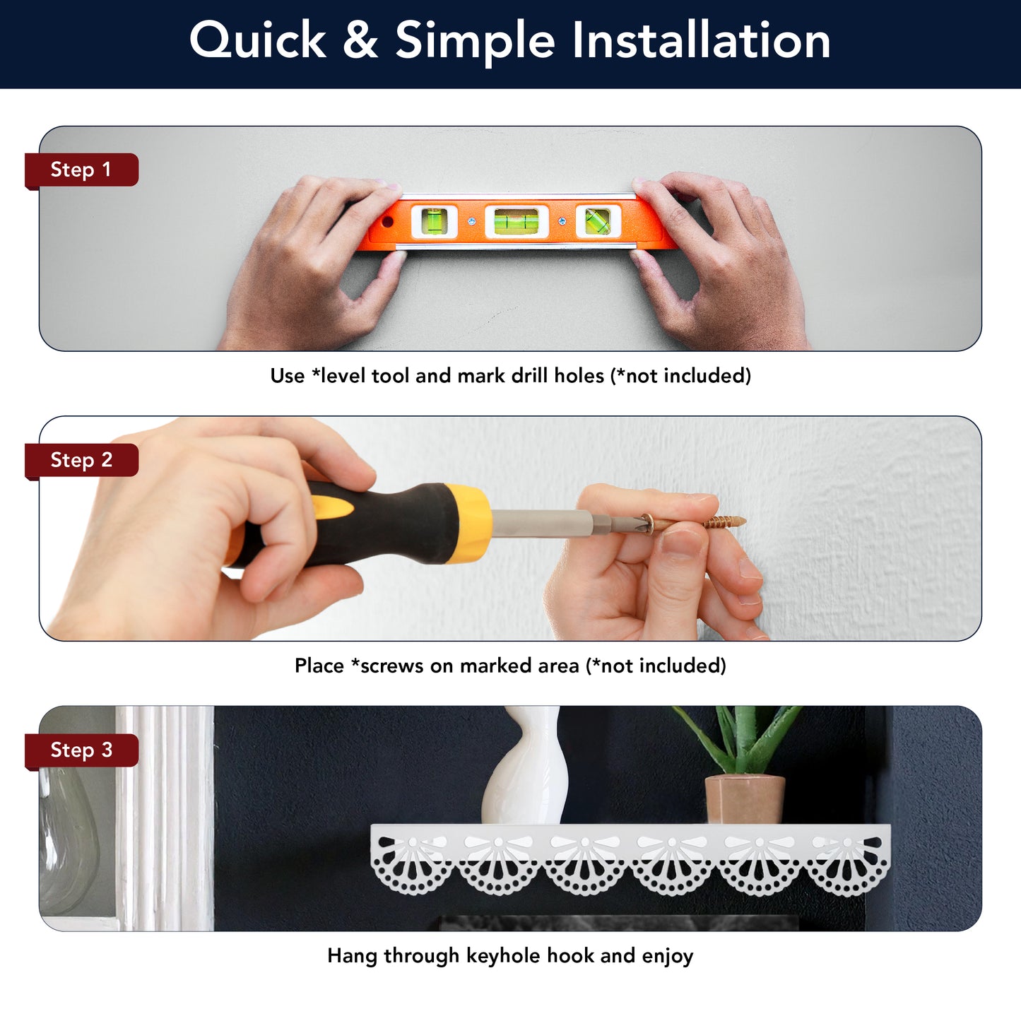 Scallop Metal Floating Shelves, 3pc Picture Ledge Set - White