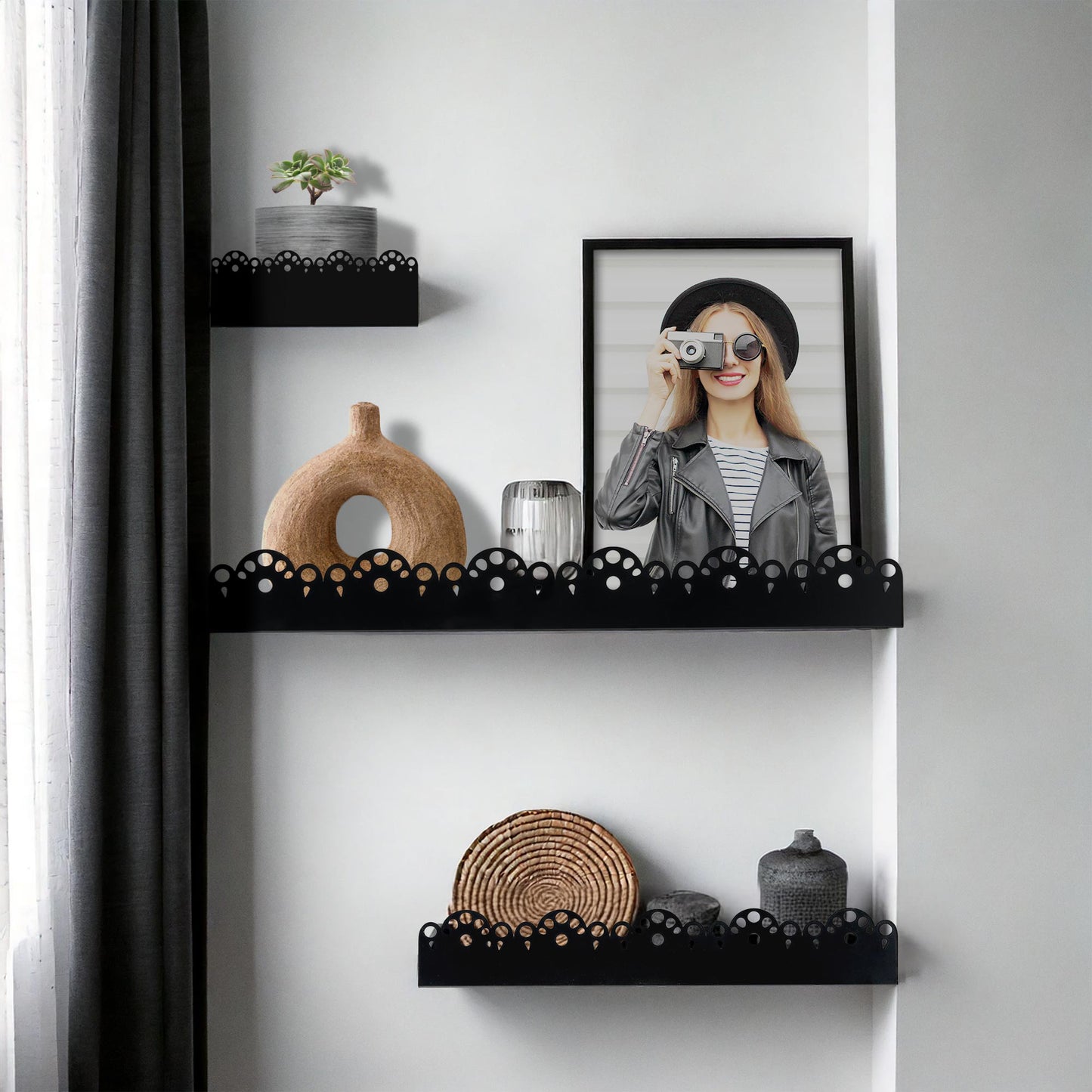 Scallop Metal Floating Shelves, 3pc Picture Ledge Set - Black
