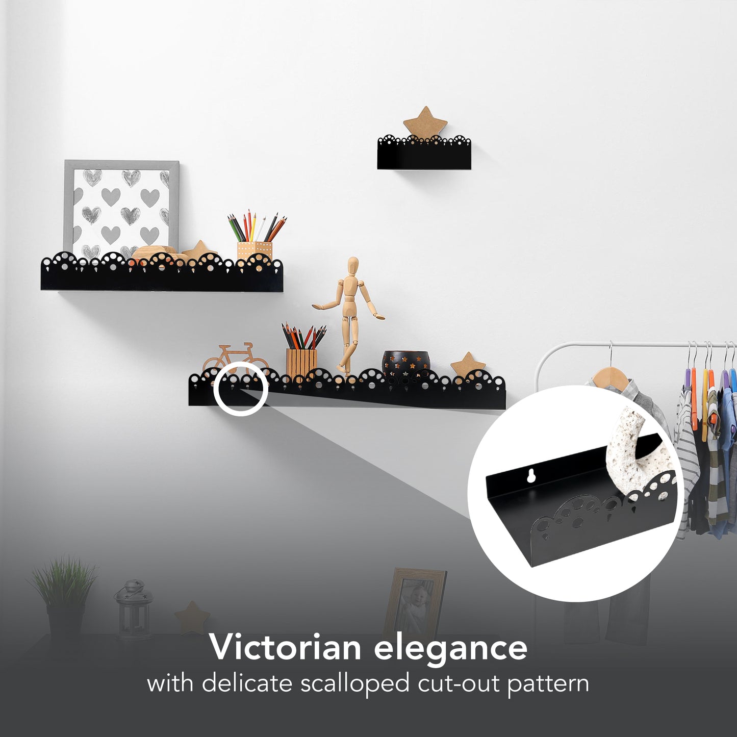 Scallop Metal Floating Shelves, 3pc Picture Ledge Set - Black