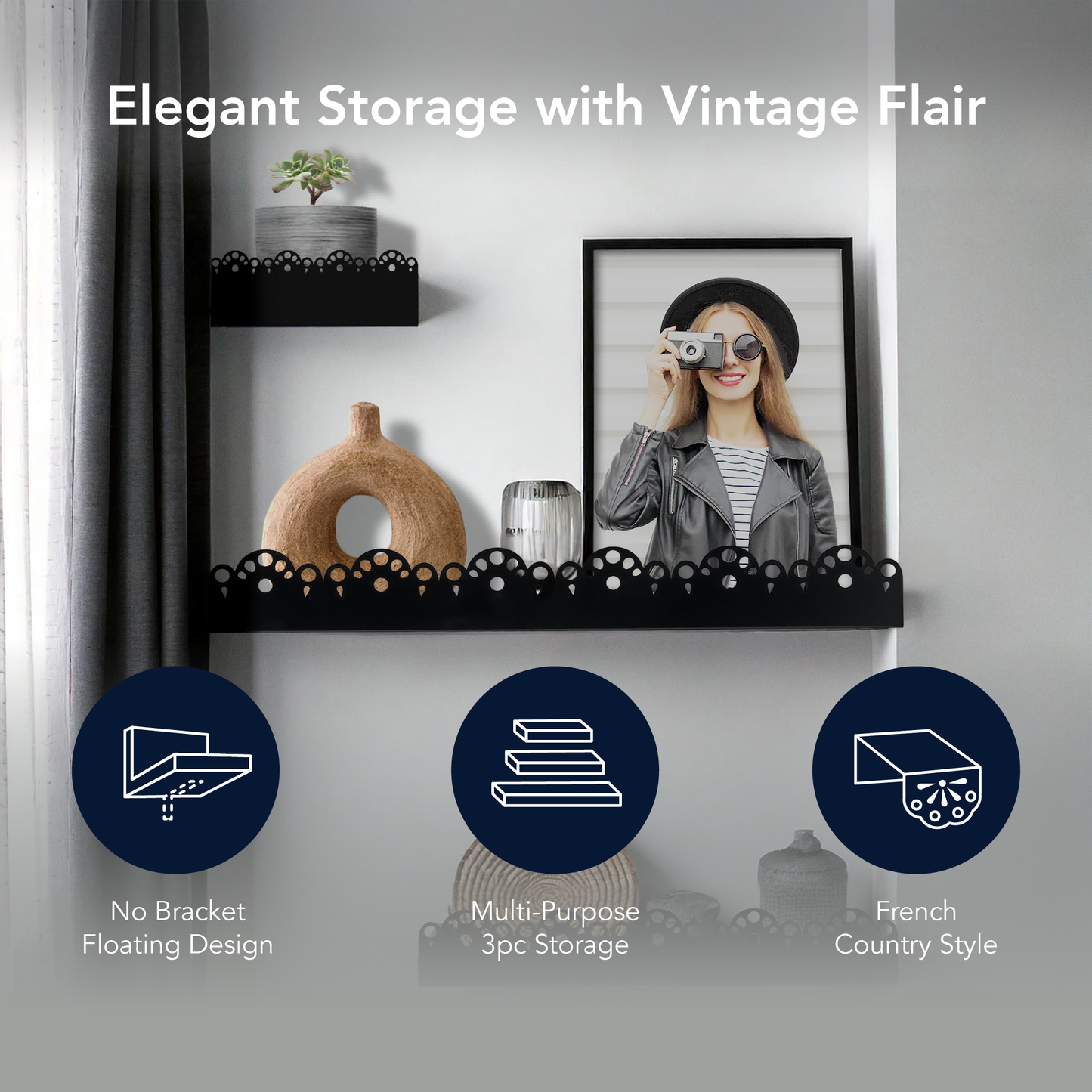 Scallop Metal Floating Shelves, 3pc Picture Ledge Set - Black