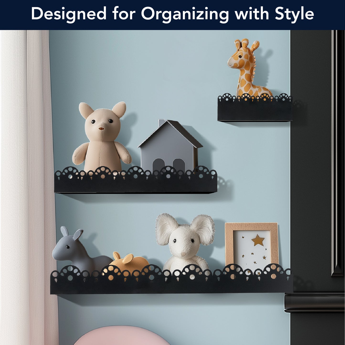 Scallop Metal Floating Shelves, 3pc Picture Ledge Set - Black