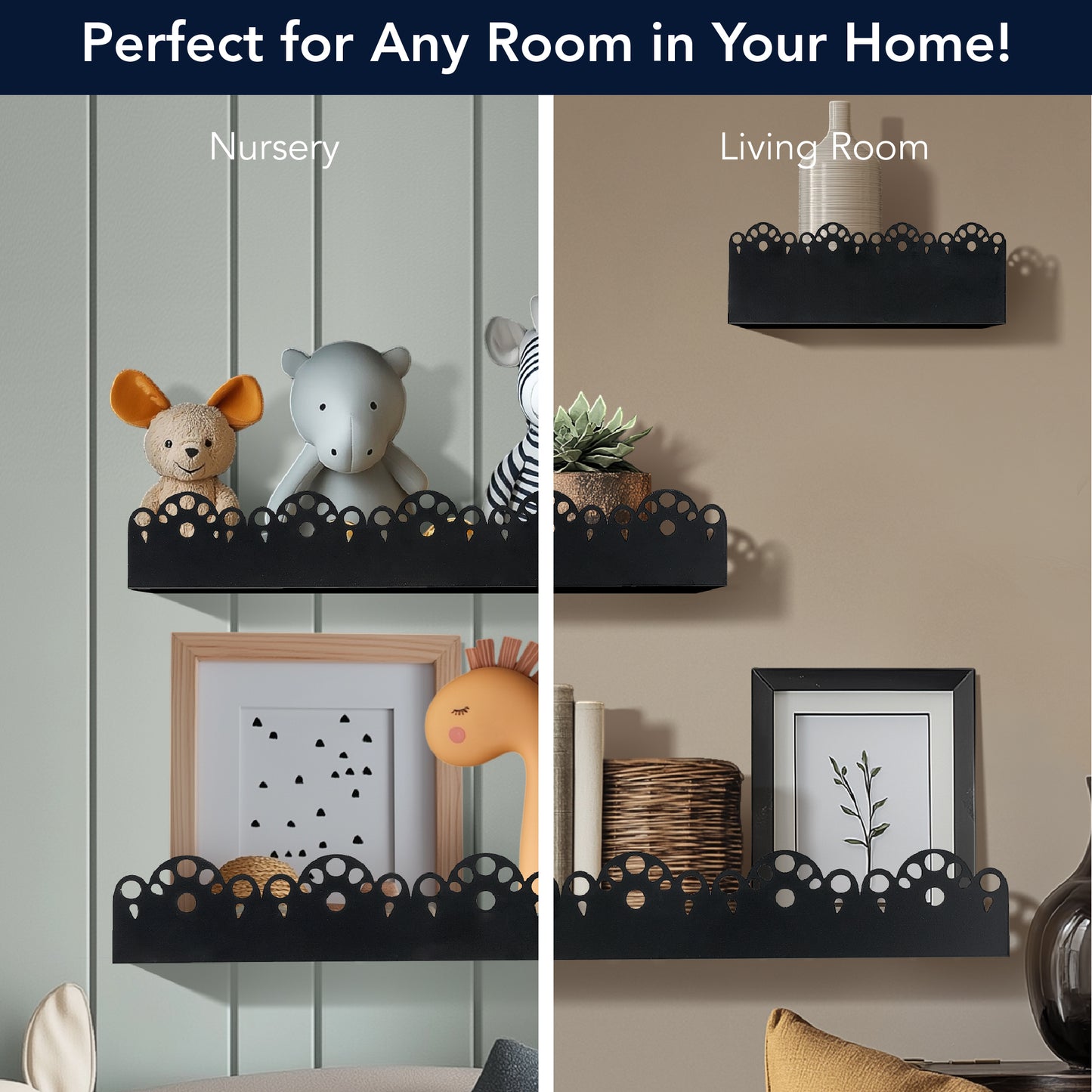 Scallop Metal Floating Shelves, 3pc Picture Ledge Set - Black