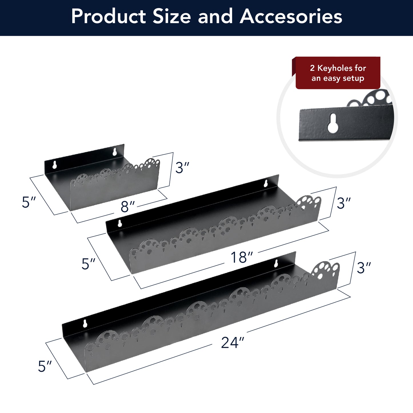 Scallop Metal Floating Shelves, 3pc Picture Ledge Set - Black