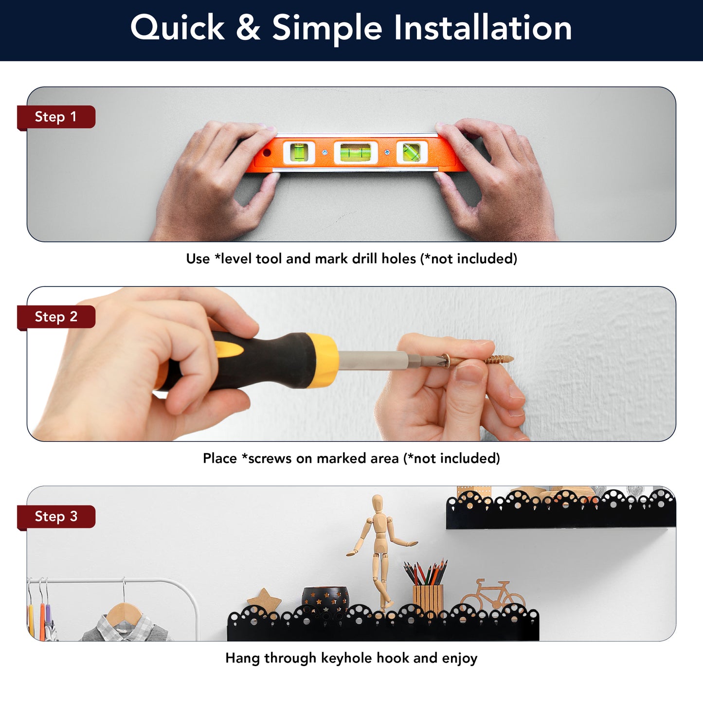 Scallop Metal Floating Shelves, 3pc Picture Ledge Set - Black