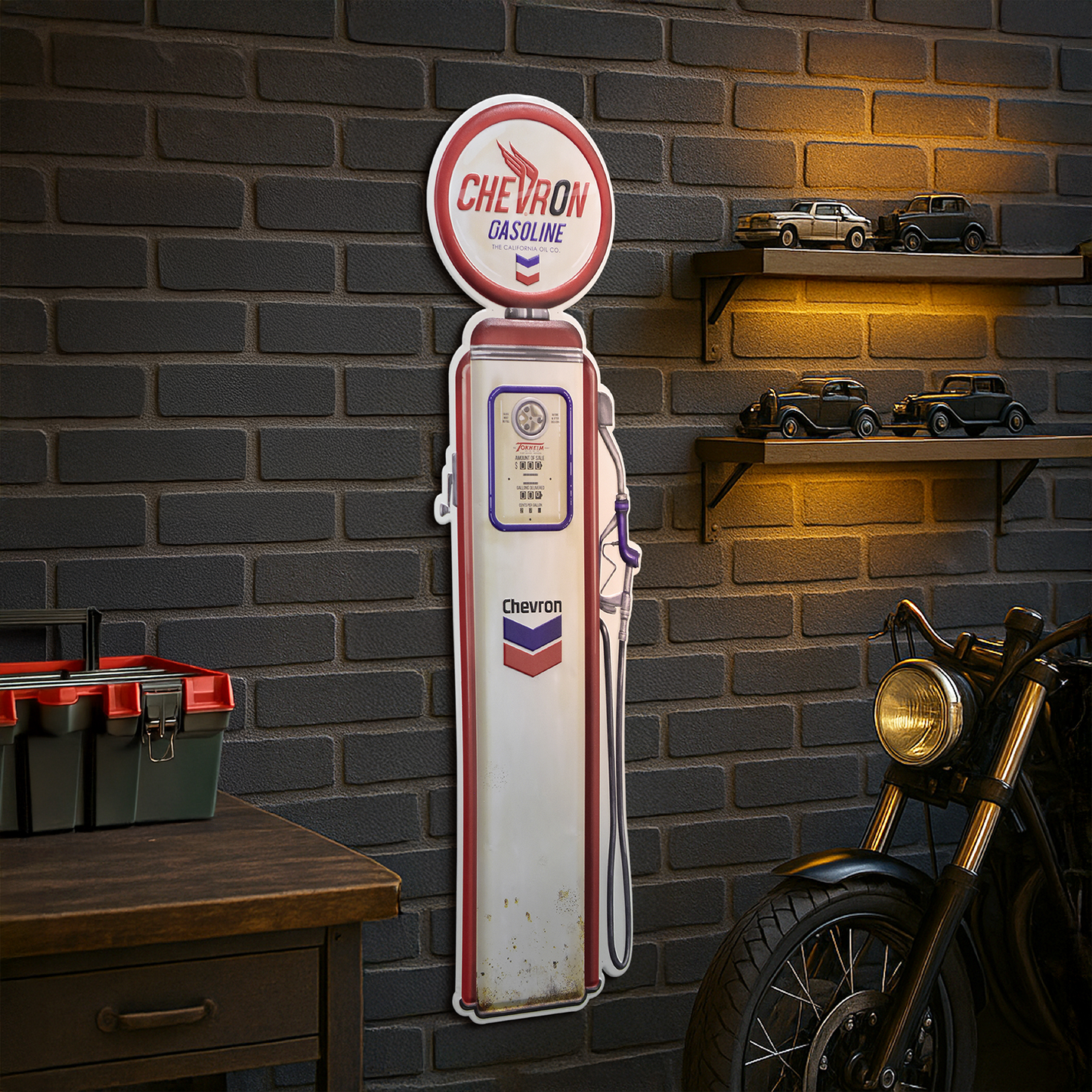 Chevron Oil Vintage Gas Pump Metal Sign - Retro Garage Decor