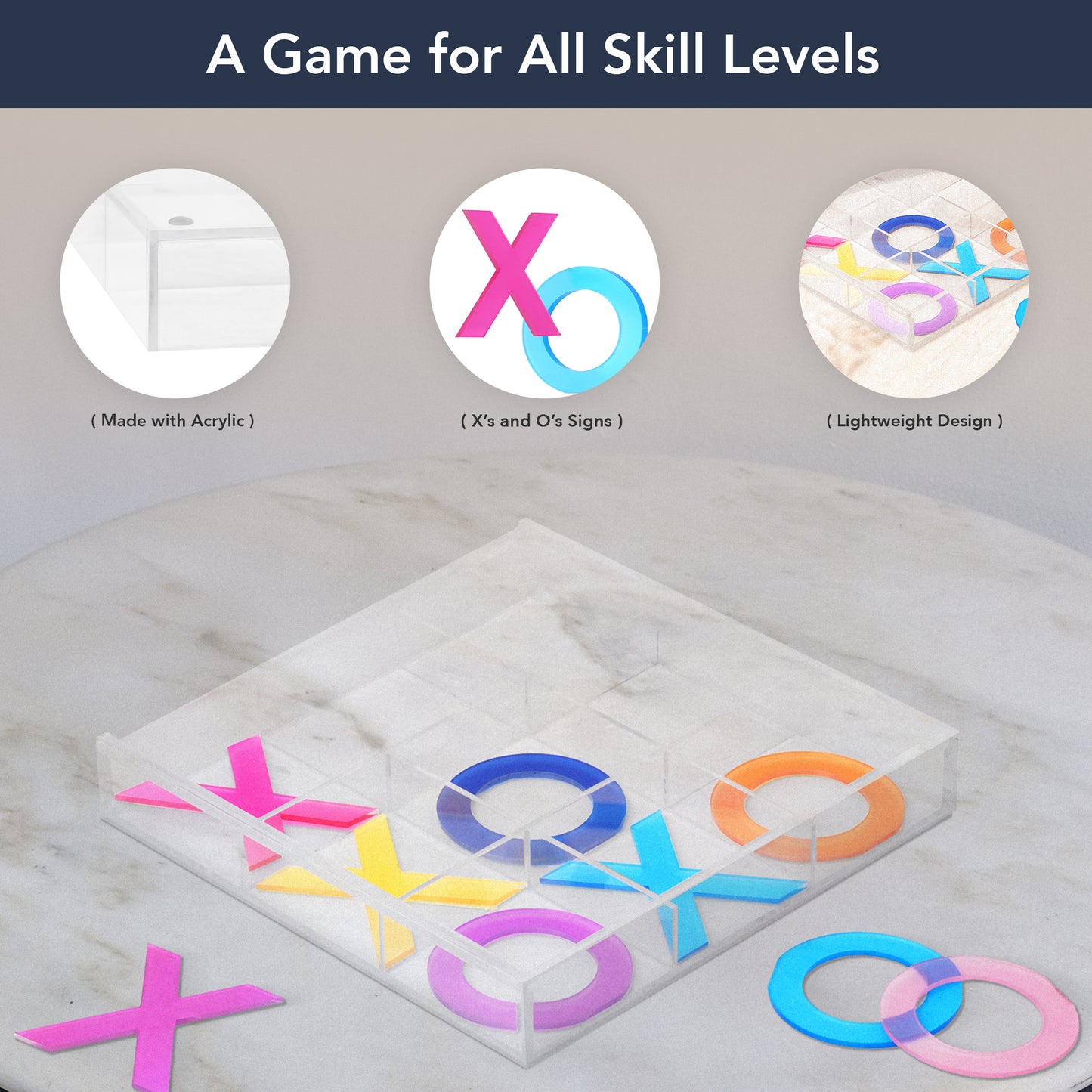 Acrylic Tic Tac Toe Board Game Set X's & O's - Coffee Table Decor - Family, Kids & Adult Tabletop Puzzles for Game Night Multicolor, 10" x 10"