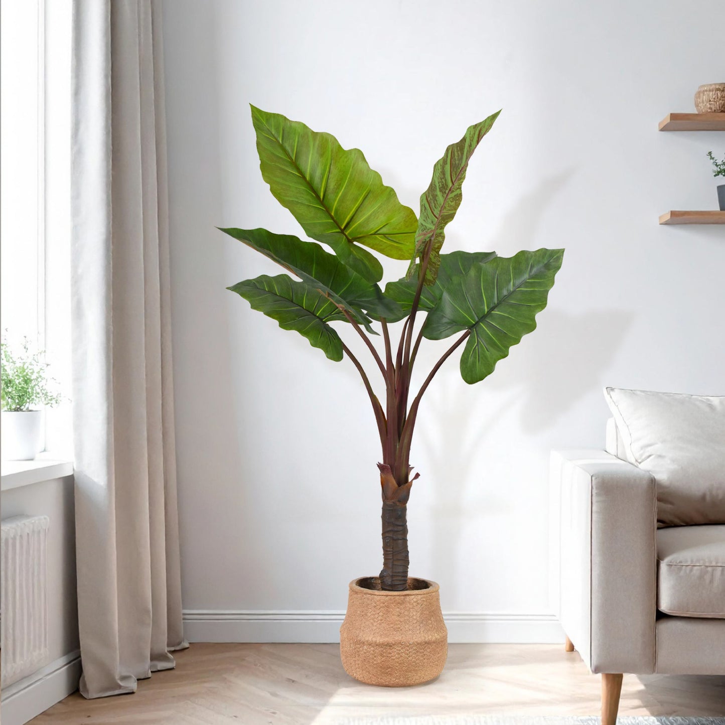 Artificial Rainbow Taro Tree in Cement Pot Faux Plant for Home or Office - 60"