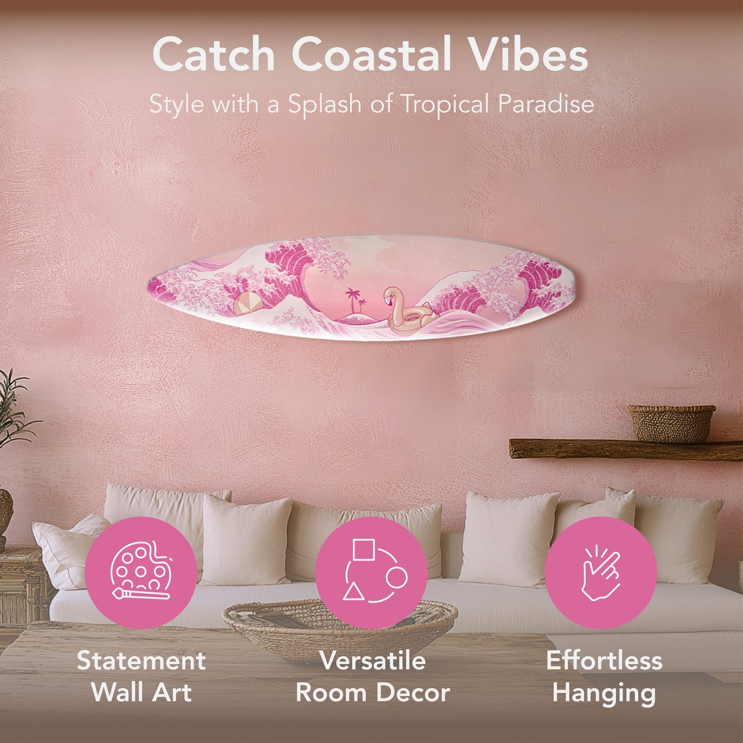 Surfboard - Pink Flamingo & Beachball Wall Art Decor